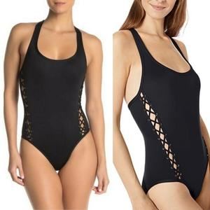 NWT La Blanca Tied True Grommet Swimsuit Black One Piece Beach Vacay Size 20W